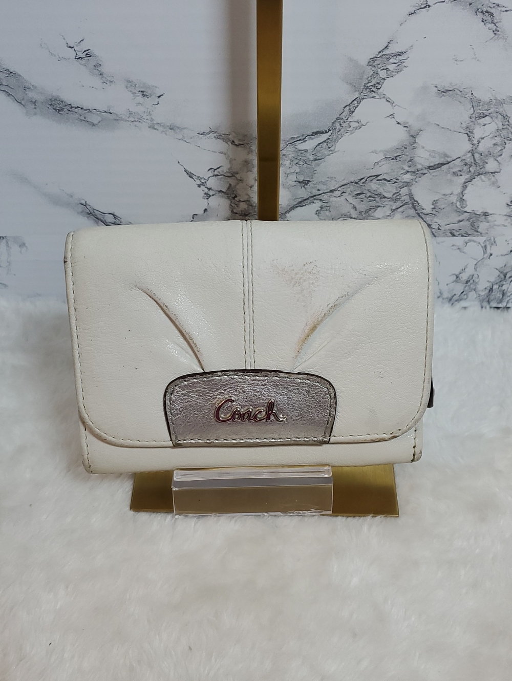 Coach Cream Leather Compact Wallet with Metallic Accent